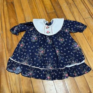 Vintage 90s Floral Navy Blue Dress with White Collar